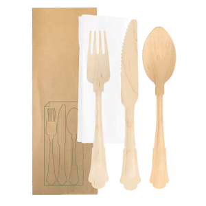 Set fourchette, couteau, cuillère et serviette sous sachet kraft